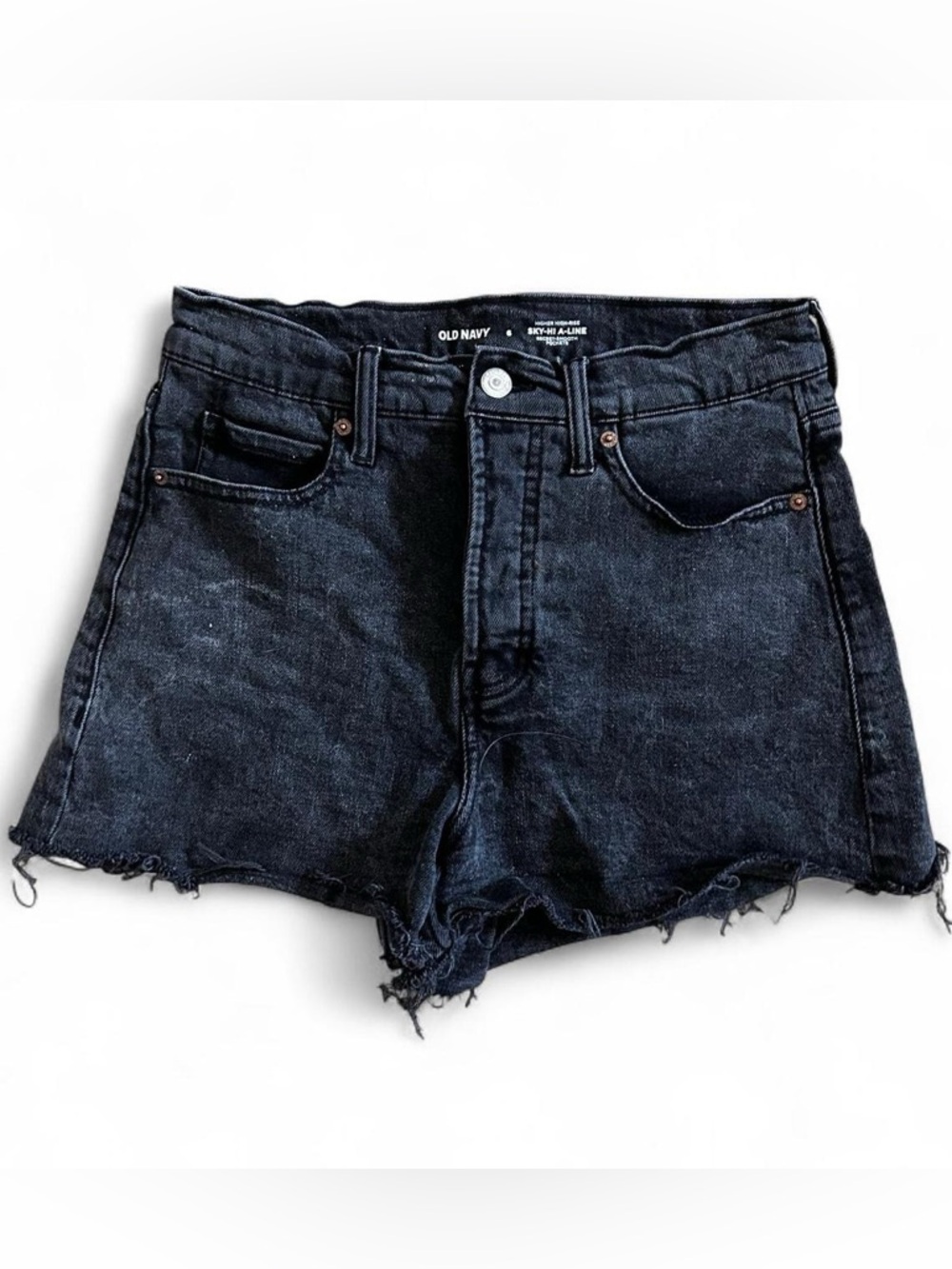Old Navy higher high-rise A-line black denim frayed summer shorts Size 6